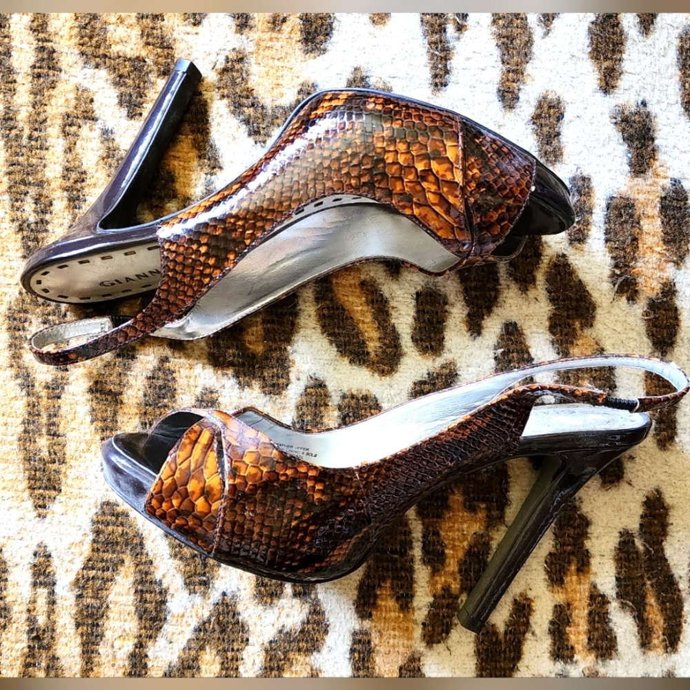 GIANNI BINI Genuine Leather Snake Skin Look Slingback Open Toe Pumps US 8